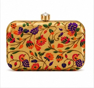 Elegant Gold Embroidered Floral Clutch With Crystal Closure Women's Silk Party Handbag - Product Image 6