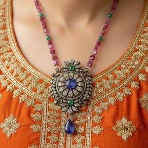 Gold-Plated Tanzanite Emerald and Diamond Unisex Brooches aka Necklaces - Product Image 5