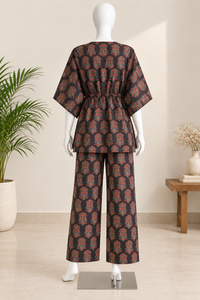 Conjunto de caftán negro estampado para mujer con pantalones palazzo de pierna ancha, elegante ropa informal étnica, conjunto de dos piezas para mujer - Product Image 2