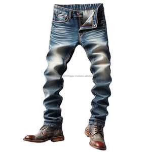 กางเกงยีนส์บางพอดีตัวของผู้ชายกางเกงยีนส์ซักได้สีพื้นวินเทจแบบลำลอง - Product Image 5