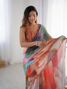 Elegant Digital Printed Chinon Saree With <b>Mirror</b> Work For Women Wedding Wear India Pakistan Style <b>Floor</b> Length Regular Fit - Product Image 6