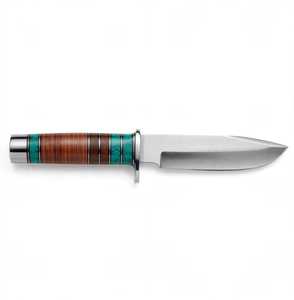 Outil utilitaire d'extérieur à lame fixe, fabriqué à la main, avec manche empilé turquoise et bois - Product Image 4