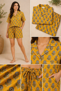 Conjunto de Pijama de Algodón para Mujer con Estampado Floral de Mostaza, Camisa de Manga Corta y Pantalones Cortos, Hecho a Mano, Obra Maestra Casual - Product Image 3
