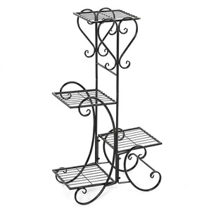 Support de plantes en fer forgé vintage à motifs exquis, résistant à la rouille, à 4 niveaux, avec décorations en volutes complexes, porte-pot de fleurs en métal décoratif - Product Image 1