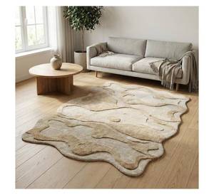 Alfombra de Lana Hecha a Mano con Forma Irregular, Textura 3D Abstracta Ondulada, Diseño Orgánico Beige Marrón, Tapete para Piso de Lujo - Product Image 1