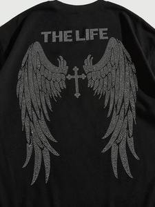 Premium Rhinestone Angel Wings <b>Back</b> Embellished Oversized Black Heavy 300gsm 100% Cotton <b>Drop</b> Shoulder Streetwear Men's shirts - Product Image 4
