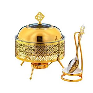 Luxury Gold Stainless Steel Chafing <b>Dish</b> Food Warmer with Glass Lid Cutwork Design Buffet Catering <b>Serving</b> <b>Set</b> - Product Image 1
