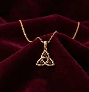 Collar con Colgante de Tres Piedras de Granate, Latón Chapado en Oro, Diseño de Nudo Celta Triquetra, Joyería con Gema Roja, Estilo Clásico Vintage - Product Image 4