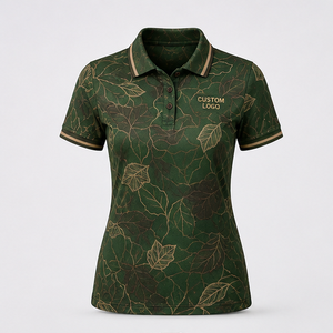 Custom Forest Green Gold <b>Botanical</b> Leaf <b>Print</b> Womens Polo Shirt Quick Dry Breathable Short Sleeve Golf Team Uniform WPS-0705 - Product Image 1