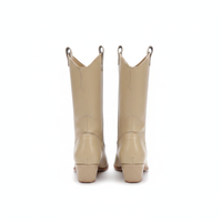 Bottes de cowboy mi-mollet pour femme, style western, automne, bout pointu, talon épais, à enfiler, brodées, marron, en cuir premium, faible MOQ, OEM