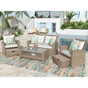 Juego de Muebles de Jardín de Mimbre para Todo Clima, 4 Piezas, Sofá Seccional para Exteriores con Otomana y Cojines - Product Image 2