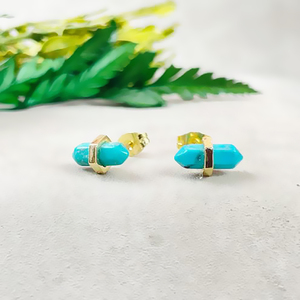 Boucles d'oreilles à double pointe en pierre précieuse turquoise 11x5mm en argent sterling 925 |   Boucles d'oreilles plaquées or pour femmes, vente en gros - Product Image 4