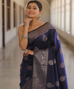 Sari de seda azul oscuro con borde de zari plateado, ropa tradicional india para bodas, para mujeres - Product Image 3