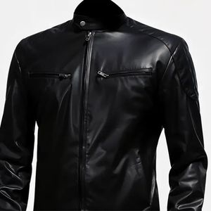 Veste en cuir d'hiver haut de gamme pour homme, vêtement d'extérieur décontracté, col montant, imperméable, écologique, respirant, antibactérien, élégant - Product Image 4