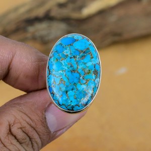 Natural Blue Copper Turquoise Opaque Gemstone Oval <b>Statement</b> 925 Sterling Silver Handmade Jewelry Boho Cocktail <b>Ring</b> For Women - Product Image 6