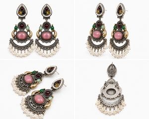 Fabricant Vérifié Boucles d'oreilles pendantes de mariage pour femme en zinc plaqué or et argent oxydé, motif fleur de perle bohème, sertissage clos - Product Image 4