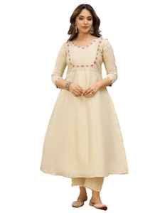 Kurta en soie beige brodée pour femmes avec pantalon et châle assortis, tenue décontractée traditionnelle indienne pakistanaise, printemps été - Product Image 3