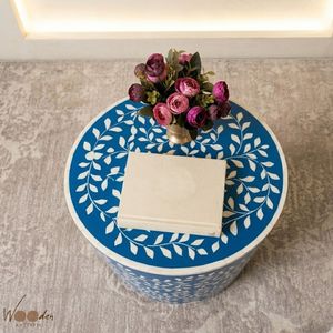 Blue Modern Luxury Floral Accent Stool Round Ottoman Side Table Wooden <b>Storage</b> Cushion <b>Seat</b> for Living Room Bedroom - Product Image 4
