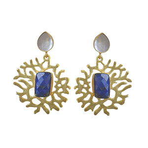 Pendientes colgantes hechos a mano de lapislázuli con madreperla, chapados en oro - Product Image 1