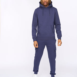 Ensemble de survêtement décontracté pour homme, bleu marine, à capuche, manches longues, couleur unie, jogging, poids moyen, 100 % coton, pour l'automne - Product Image 1