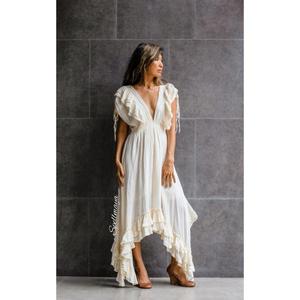 2026 Luxury Full Ruffle Maxi <b>Dress</b> Deep V-Neck White Gauze Boho Eco-Friendly Flare Sleeves Multi-Layered Tiered Frill <b>Dress</b> - Product Image 1