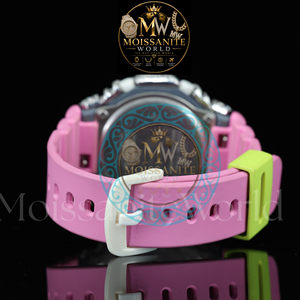 Montre analogique-numérique Bust Down avec lunette en moissanite VVS, bracelet en caoutchouc rose, boîtier rond, cadran pour femme, luxe et mode pour elle - Product Image 4