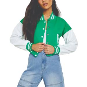 Blousons universitaires personnalisés pour femmes en peau de mouton, broderie 'Varsity' courte, patchs en laine d'hiver, sequins, coton respirant – Vente en gros - Product Image 1