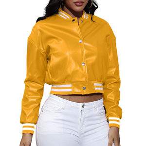 <b>Pink</b> PU Leather Varsity <b>Jacket</b> Women's Short Cropped Full Sleeve Turn-down Collar Solid Color Contrast Trim Autumn Wear - Product Image 5
