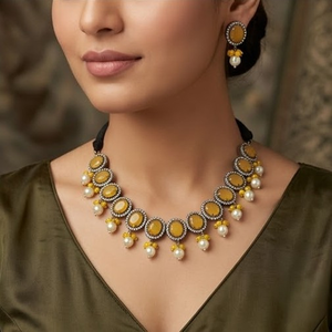 DIVYORO YELLOW <b>PEARL</b> OVAL-LINK CHOKERS ADJUSTABLE-LENGTH ETHNIC <b>NECKLACE</b> <b>SET</b> for WEDDING - Product Image 4