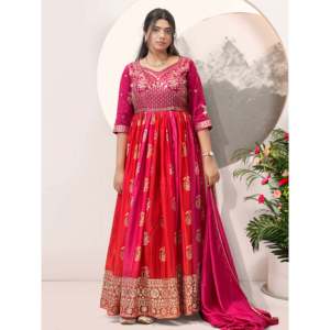 Vestido de Fiesta Hecho a Mano con Estampado Floral, Corte en A y Dupatta, Talla XL, Ideal para Eventos - Product Image 4