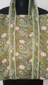 Traditional Green Cotton Tote Bag with Floral Print Bohemian Style <b>Summer</b> Casual Open Top Shopping <b>Handbag</b> for Women - Product Image 2