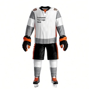 Maillot de hockey sur glace personnalisé pour homme, manches longues, sublimé, 100% polyester, maille respirante, blanc, gris, orange, tenue d'équipe, taille adulte - Product Image 1