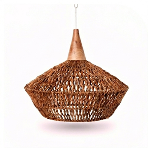 Lámpara Colgante de Fibra de Plátano Natural con Base de Madera Rústica, Lámpara de Techo de Paja Tejida, Linterna para Hogar Costero, Restaurante, Cafetería - Product Image 1