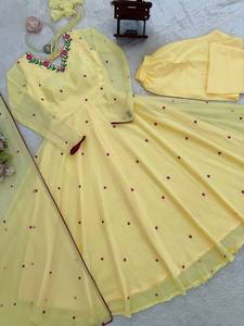 Ensemble de costume Anarkali en georgette jaune, kurta brodé, dupatta, tenue de fête et de mariage pour femmes, toutes saisons, séchage rapide - Product Image 6