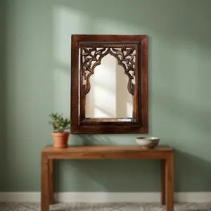 Miroir mural Jharokha en bois sculpté à la main noir antique, cadre de miroir décoratif au design arqué traditionnel pour la maison et la chambre - Product Image 2