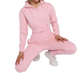 Women Pink <b>Cropped</b> Hoodie <b>Jogger</b> Pants Tracksuit Set Casual Athletic Sportswear Workout Outfit Full Length Solid Color - Product Image 4