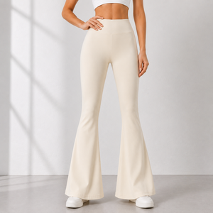 Women High Waist Flare <b>Pants</b> Solid Color Full Length Knitted Breathable Casual Elastic Waist Spandex Polyester <b>Pants</b> - Product Image 1