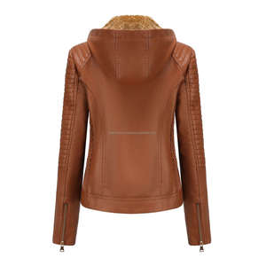 Veste en cuir moto élégante et élégante à capuche marron pour femmes Respirante Imperméable Durable Confort Doublure en sherpa Fermeture éclair Longue - Product Image 2