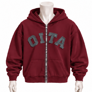 <b>Burgundy</b> <b>Mens</b> Full Zip <b>Hoodie</b> Chenille Letter Patch Heavyweight Fleece Oversized Casual Streetwear Sweatshirt with Kangaroo - Product Image 1
