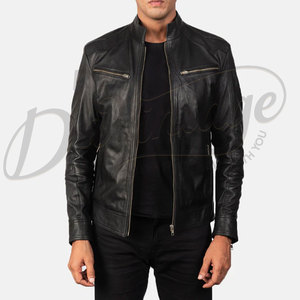 Blouson en cuir noir pour homme, véritable peau de mouton, coupe ajustée, style motard superposé, décontracté, automne-hiver - Product Image 1