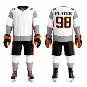 Jersey de Hockey sobre Hielo para Hombre, Blanco, Gris y Naranja, Manga Larga, Sublimado, Absorbente de Humedad, Corte Regular, Uniforme para Equipo Adulto - Product Image 1