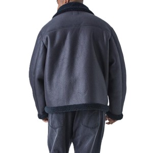 Men's Black <b>Shearling</b> Leather <b>Jacket</b> Winter Aviator <b>Bomber</b> with Fur Collar Buckle Straps and Warm Fleece Lining - Product Image 4