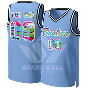 Camiseta de Baloncesto Azul Claro Personalizada, Cuello en V, Sin Mangas, Impresión Sublimada, Patrón de Arcoíris, Unisex, para Adultos, Todas las Temporadas - Product Image 6