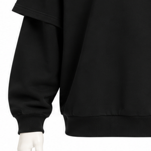 Sweat à capuche noir double couche surdimensionné à manches courtes avec empiècement manches longues, style streetwear décontracté, épais - Product Image 6