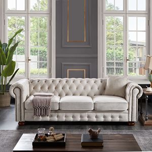 Divano Chesterfield in Tessuto di Lino Beige per Soggiorno - Product Image 1