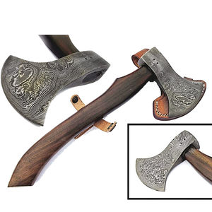 Burraq Custom Damascus Steel Tomahawks <b>Axe</b> Head Rosewood <b>Handle</b> Leather 15-Inch Overall Length Camping Hunting DIY Industrial - Product Image 1