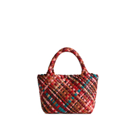 Tas Kulit Anyaman Tangan Mewah Wanita Warna Blok Mini Top Handle Tote Purse dengan Tali Lepas Pasang