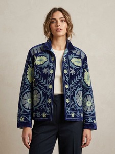 Chaqueta Bomber de Terciopelo con Bordado Floral para Mujer, Forro de Algodón, Elegante Diseño Botánico, Cuello Alto, Manga Larga, Venta al Por Mayor - Product Image 3