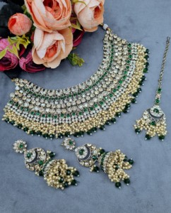Heavy Ethnic CZ Studded Bridal Choker <b>Set</b> With Pearl Drop Accents Matching Earrings & Mangtika Antique <b>Gold</b> Plated <b>Jewellery</b> <b>Set</b> - Product Image 4