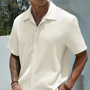 Camisa de Verano para Hombre con Cuello Cubano, Estilo Casual, Texturizada, Manga Larga, con Botones, Tejido de Sarga Teñido, Proveedor OEM - Product Image 1